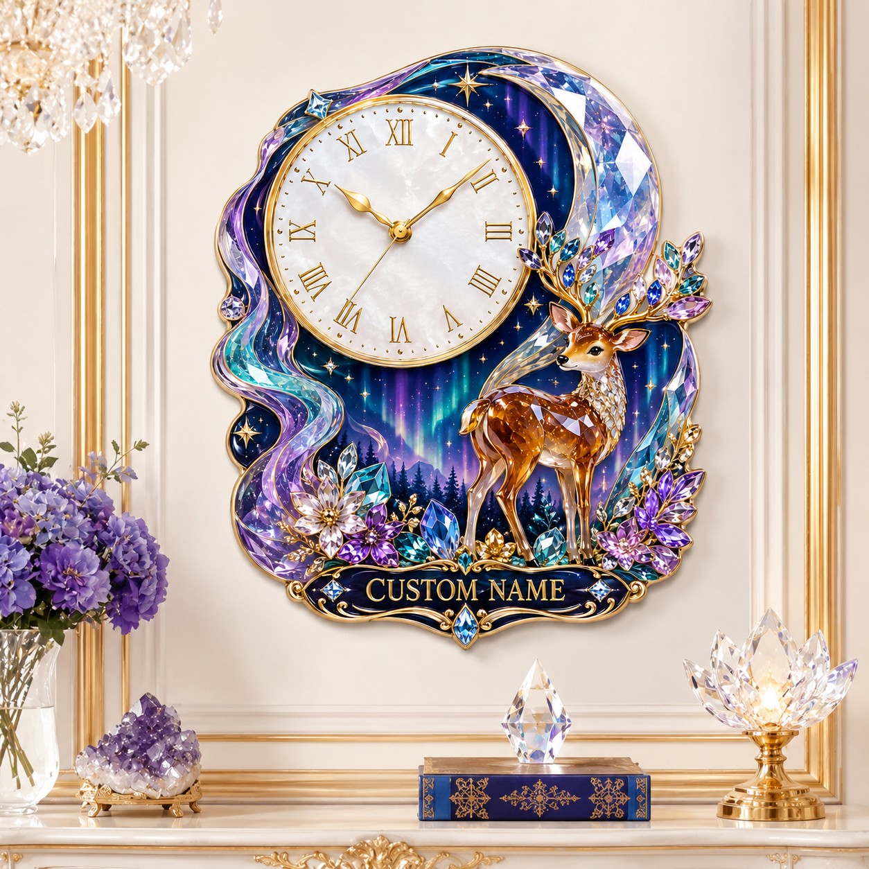 Personalized aurora deer and crystal moon wall clock — personalized with a custom name
