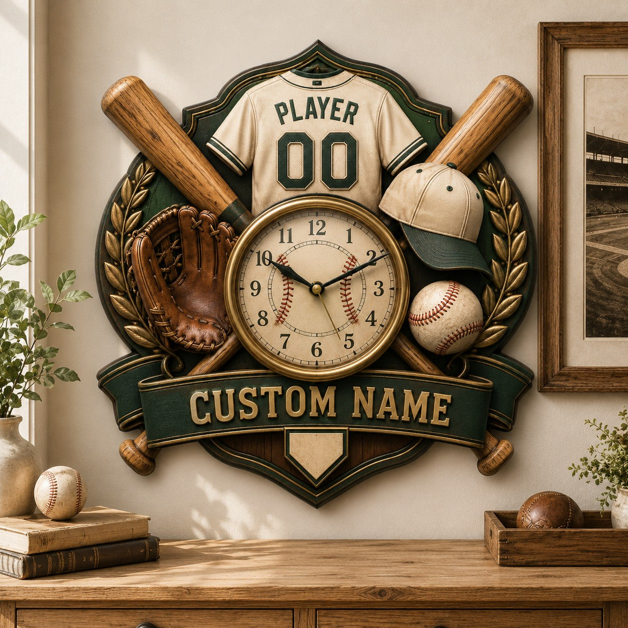 Baseball player Custom Name Wall Clock — personalized with a custom name