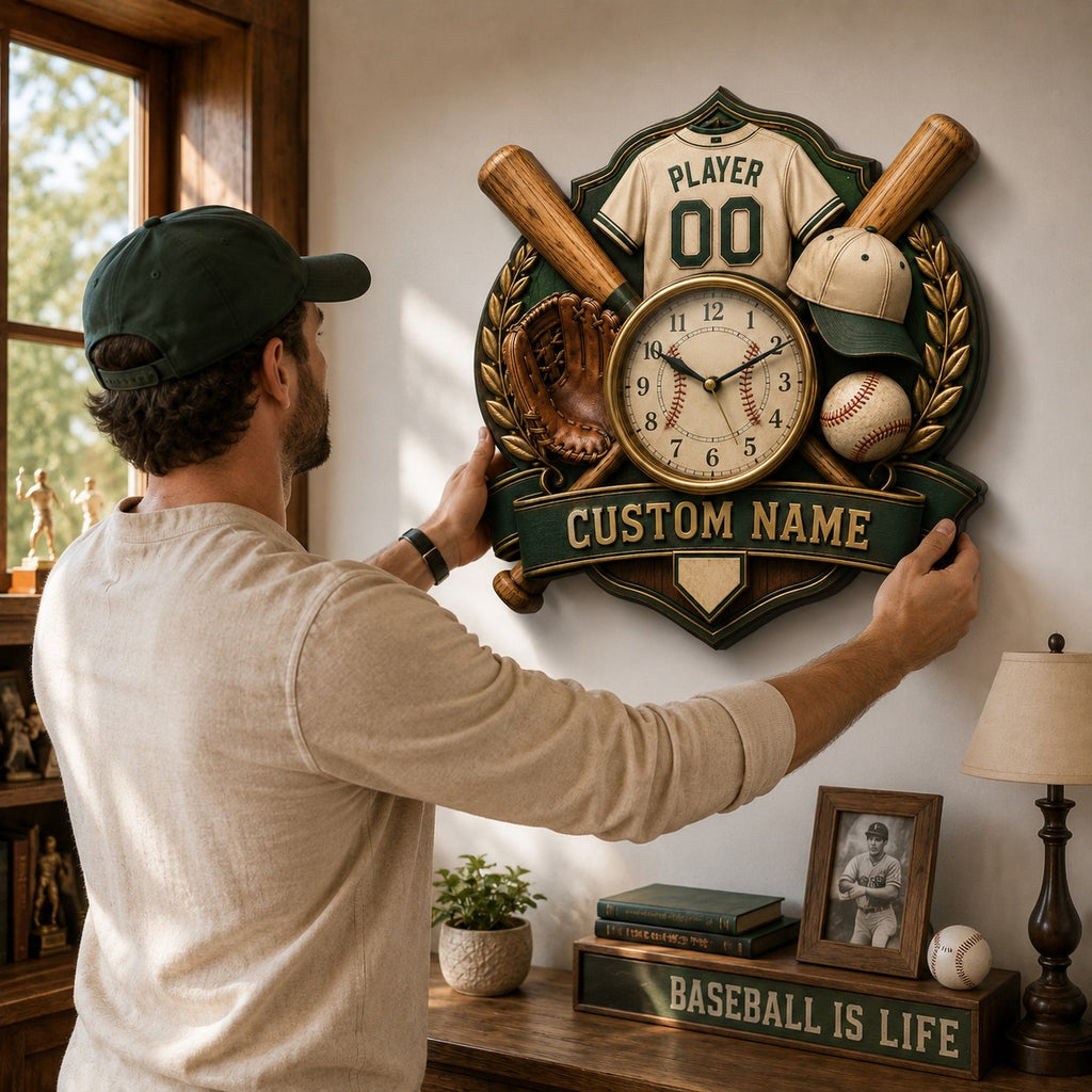 Baseball player Custom Name Wall Clock — personalized with a custom name