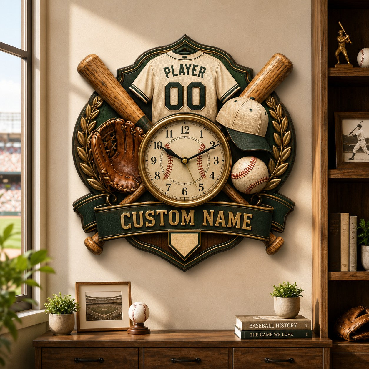 Baseball player Custom Name Wall Clock — personalized with a custom name