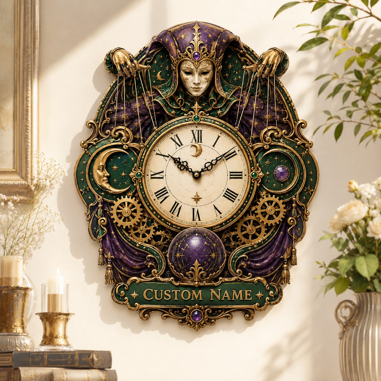 Personalized celestial jester wall clock — personalized with a custom name