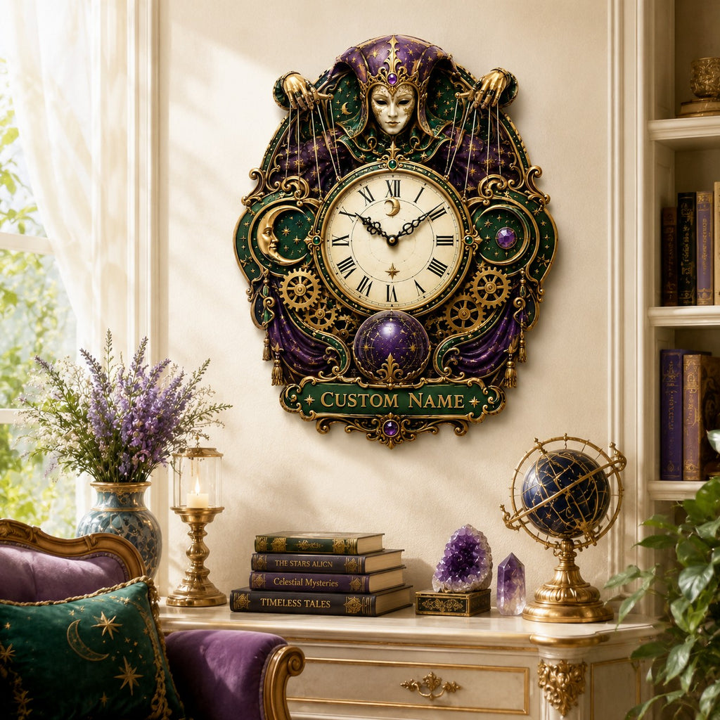 Personalized celestial jester wall clock — personalized with a custom name