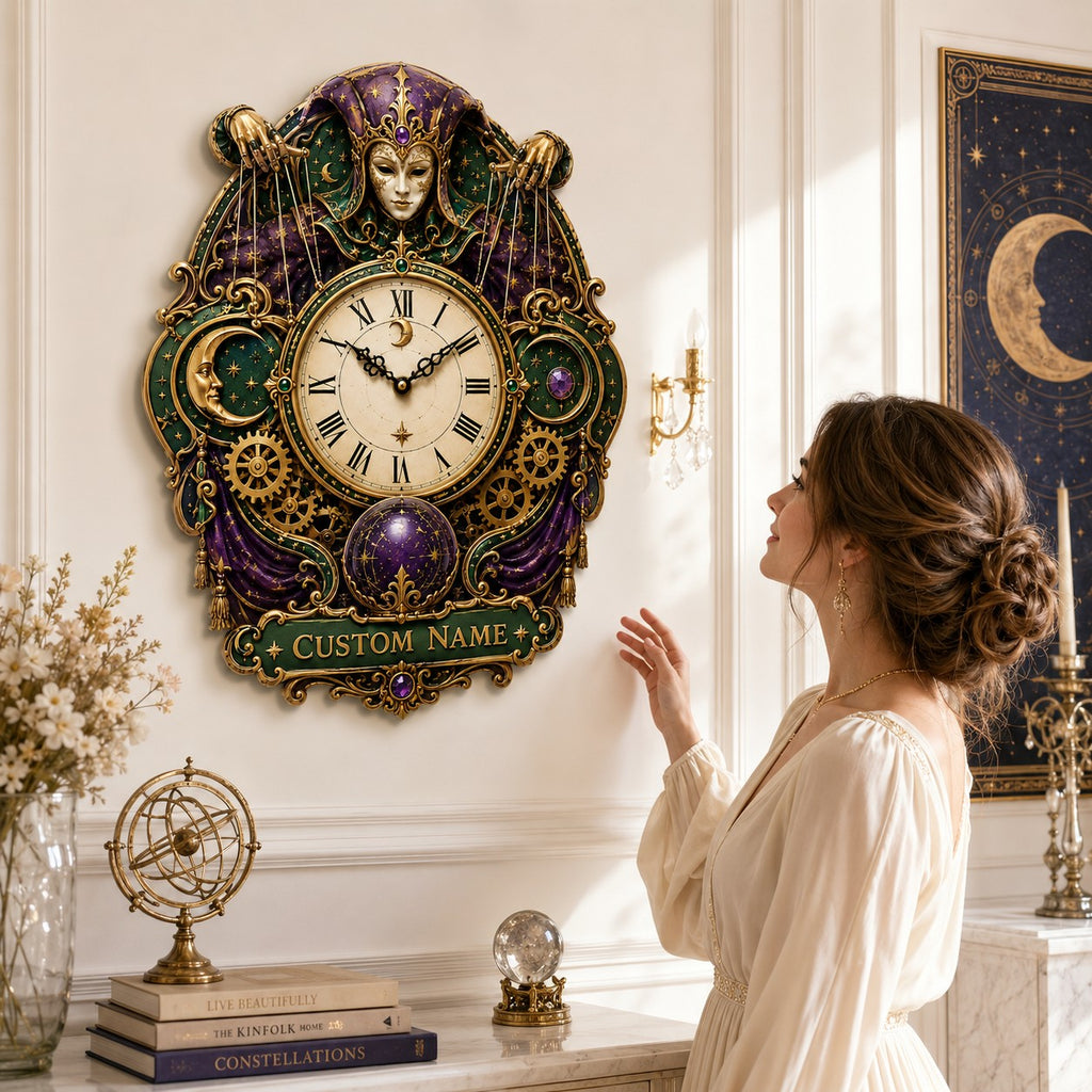Personalized celestial jester wall clock — personalized with a custom name