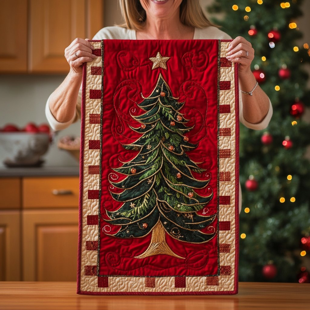 Green Pine Tree on Red Panel Table Runner