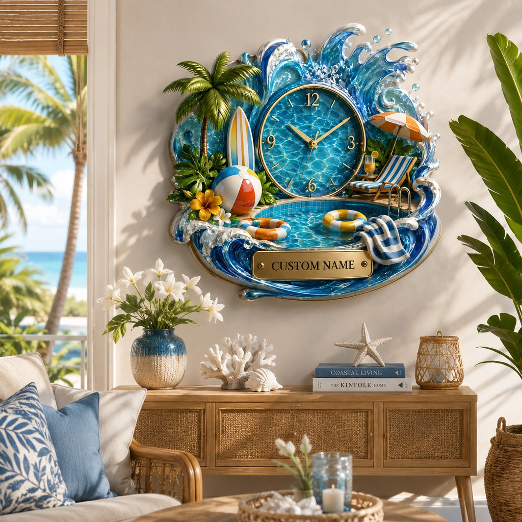 Pool house Custom Name Wall Clock — personalized with a custom name