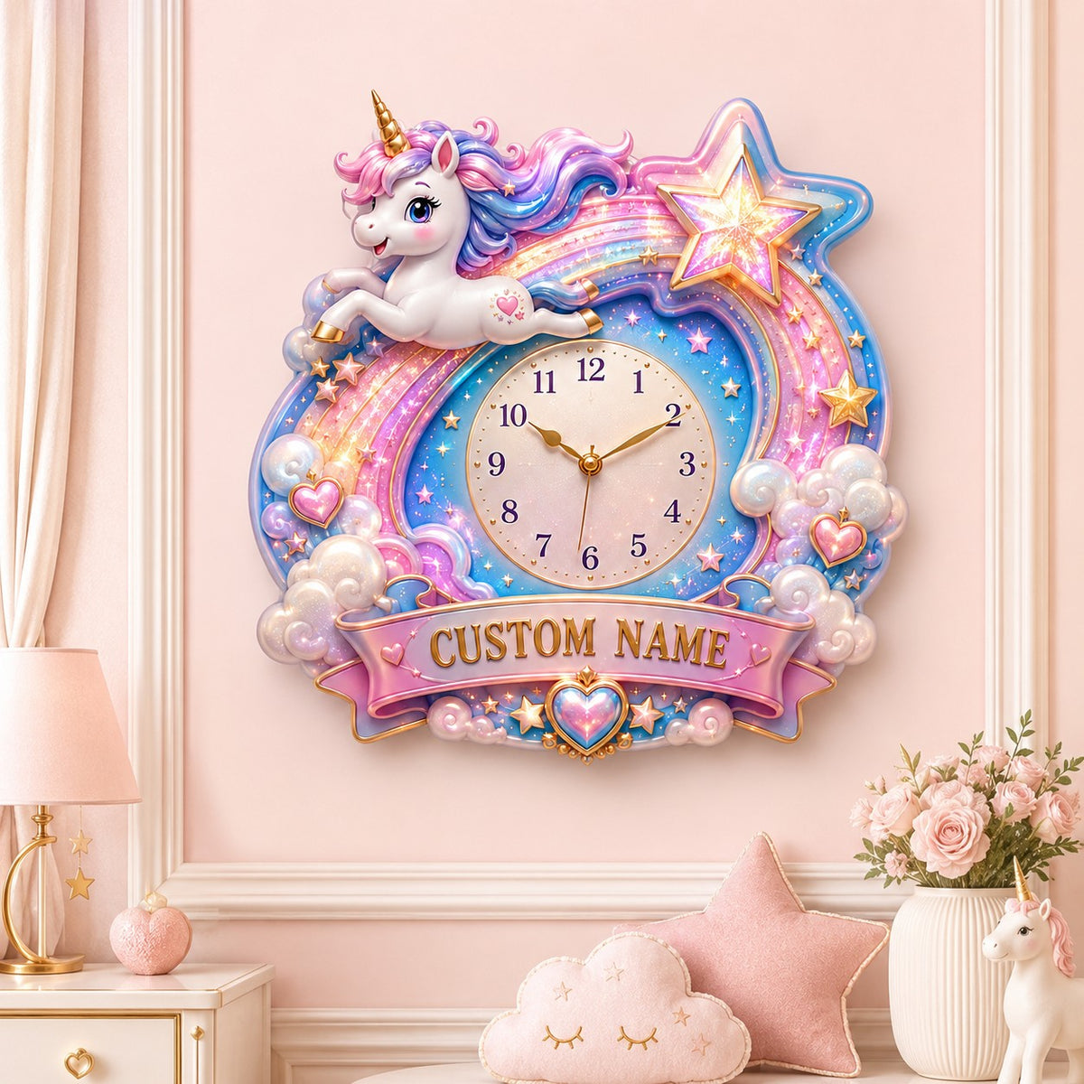Personalized shooting star unicorn clock — personalized with a custom name