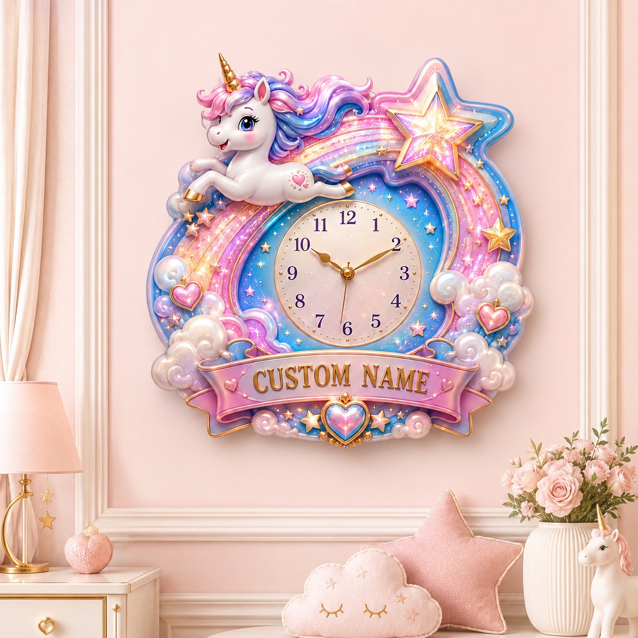 Personalized shooting star unicorn clock — personalized with a custom name