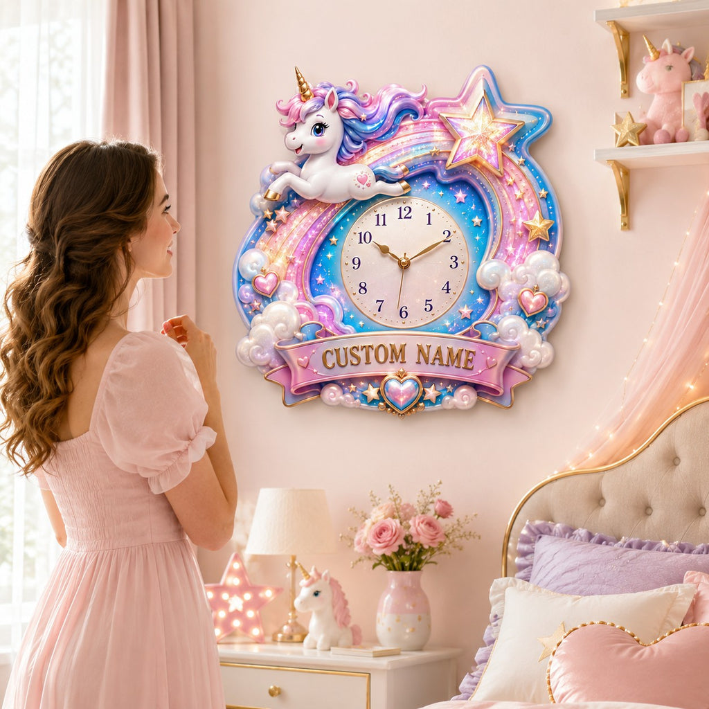 Personalized shooting star unicorn clock — personalized with a custom name