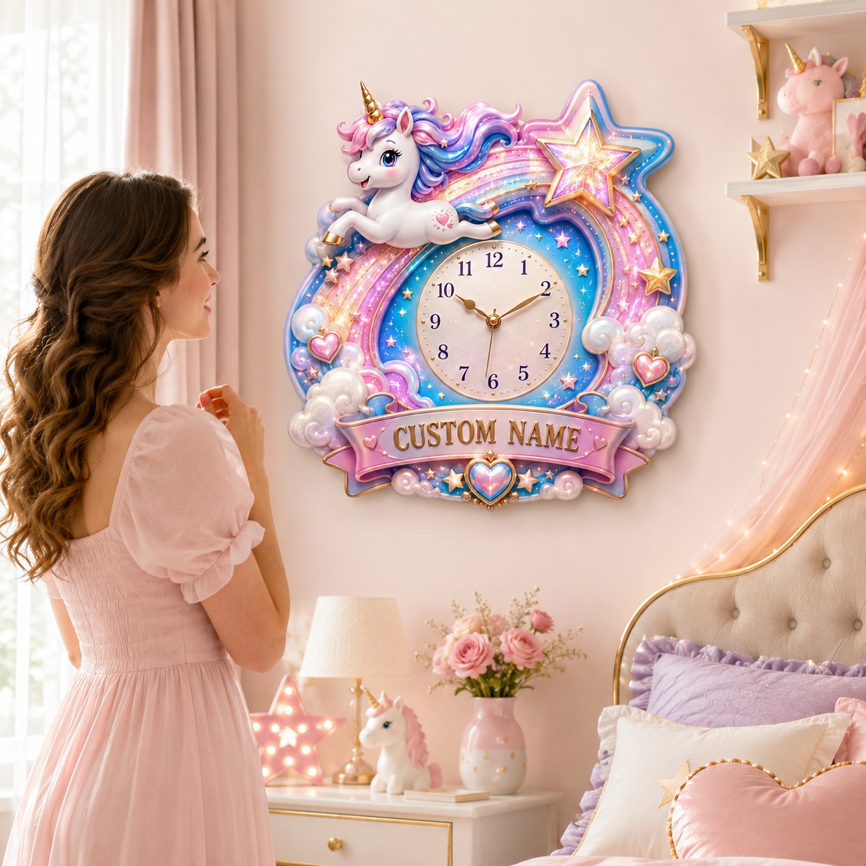 Personalized shooting star unicorn clock — personalized with a custom name