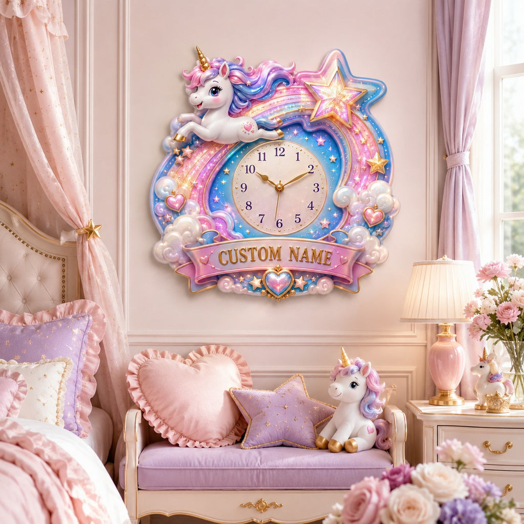 Personalized shooting star unicorn clock — personalized with a custom name