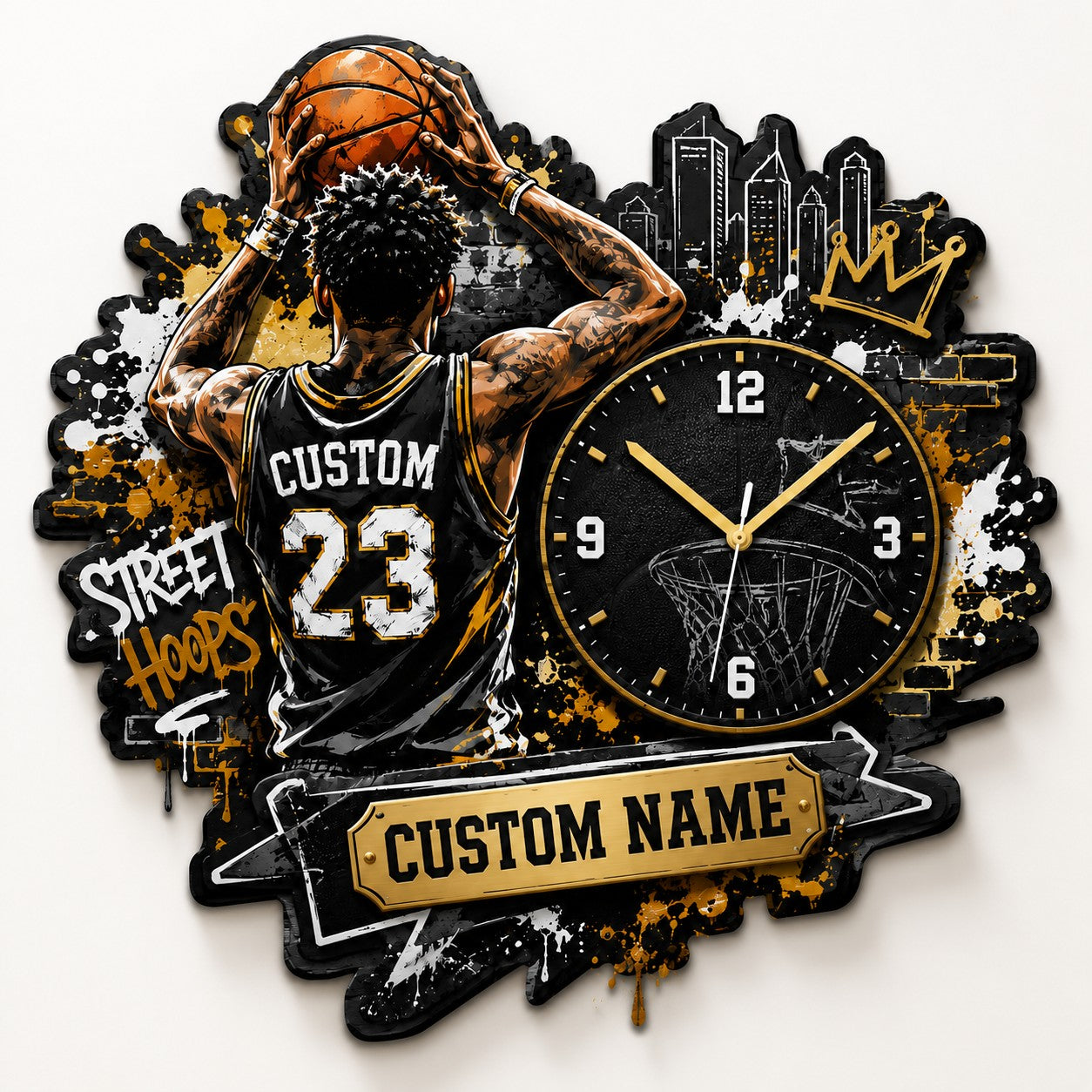 Urban basketball enthusiasts Custom Name Wall Clock — personalized with a custom name