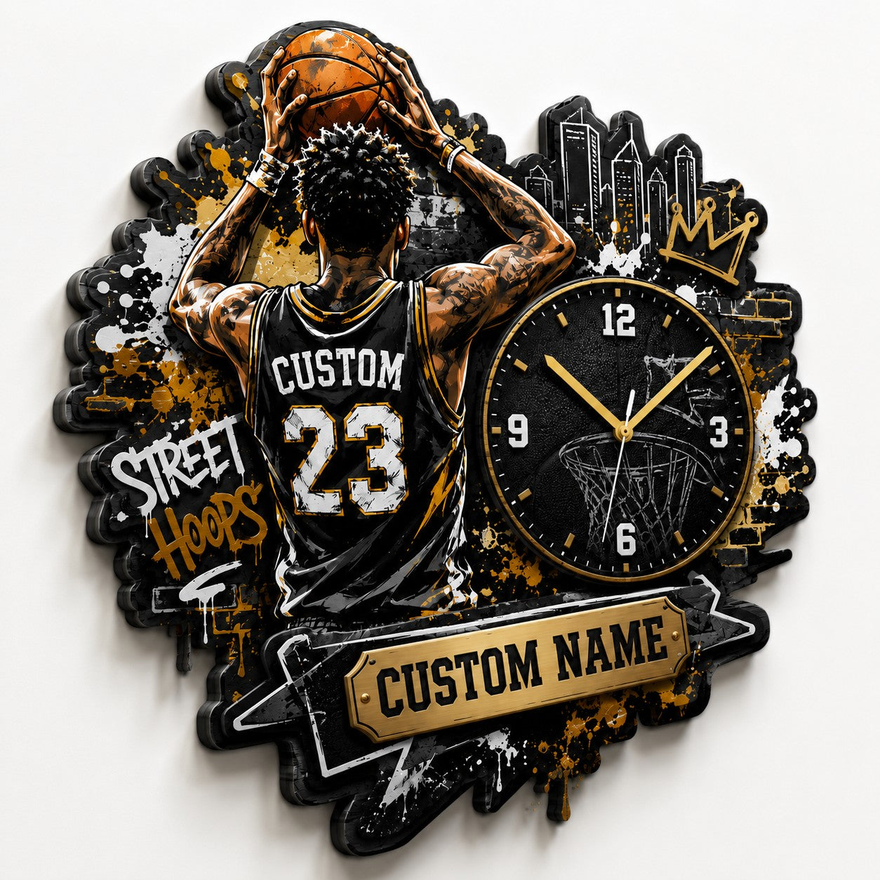 Urban basketball enthusiasts Custom Name Wall Clock — personalized with a custom name