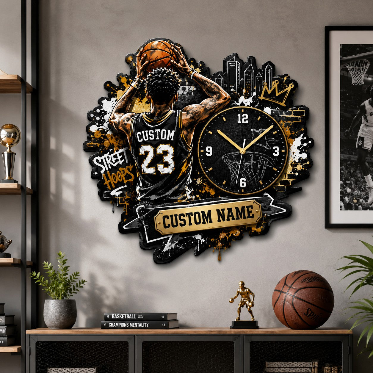 Urban basketball enthusiasts Custom Name Wall Clock — personalized with a custom name