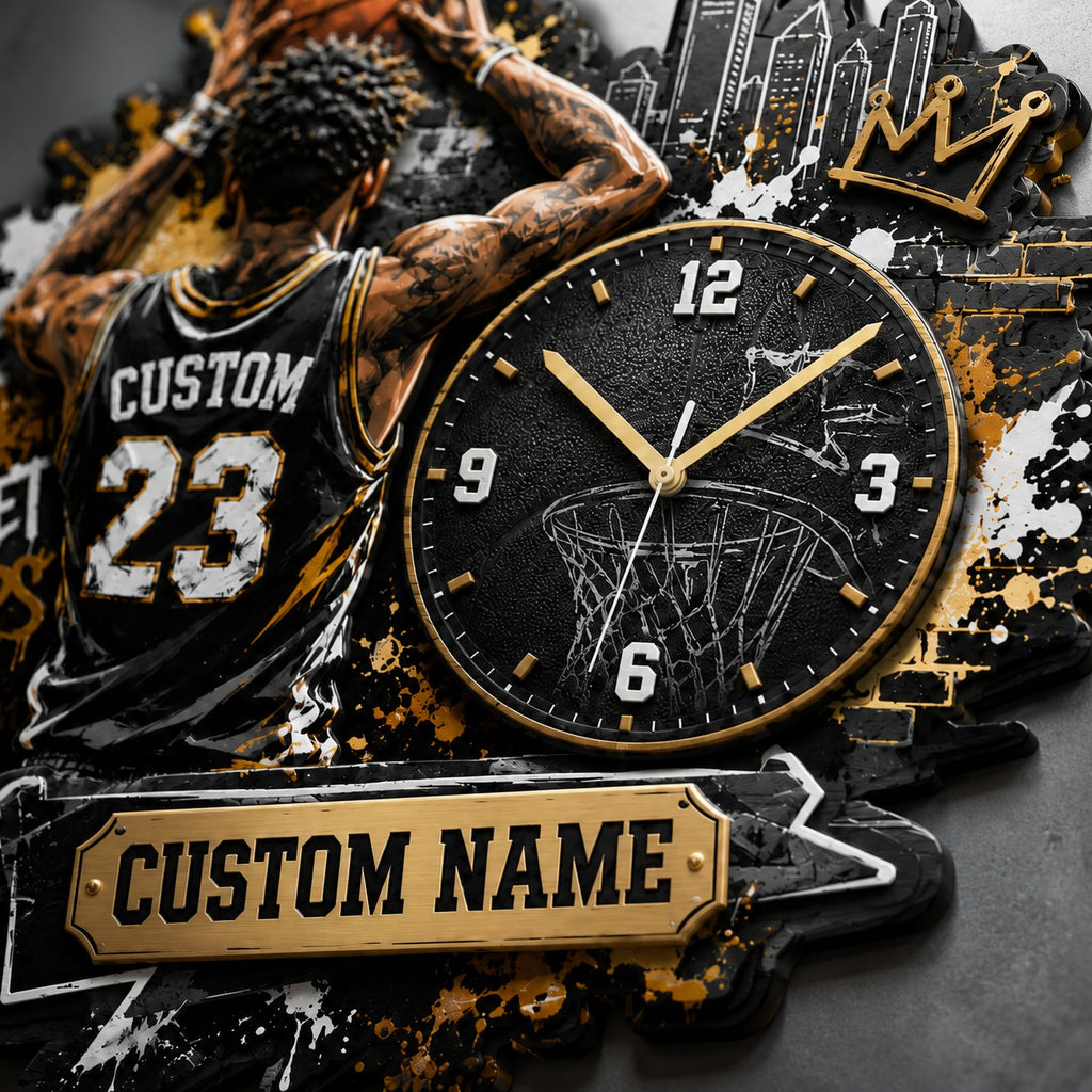 Urban basketball enthusiasts Custom Name Wall Clock — personalized with a custom name