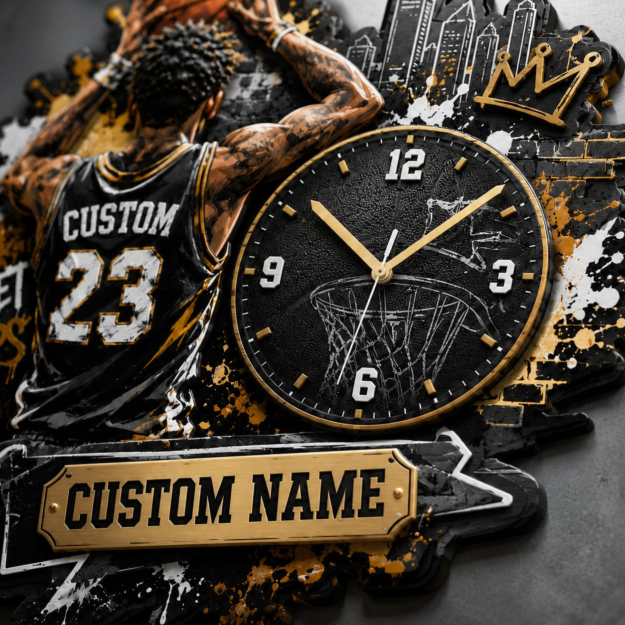 Urban basketball enthusiasts Custom Name Wall Clock — personalized with a custom name