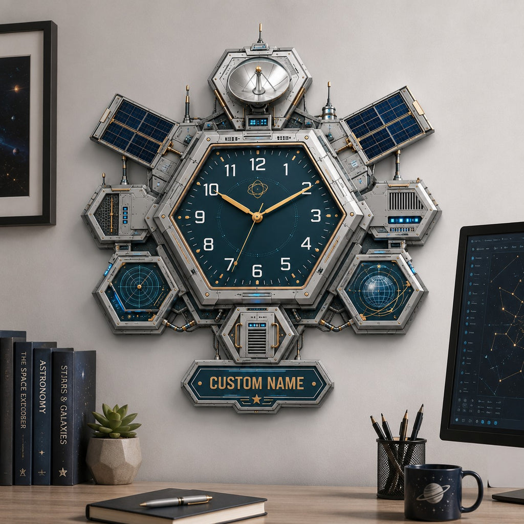 Hexagon satellite Custom Name Wall Clock — personalized with a custom name