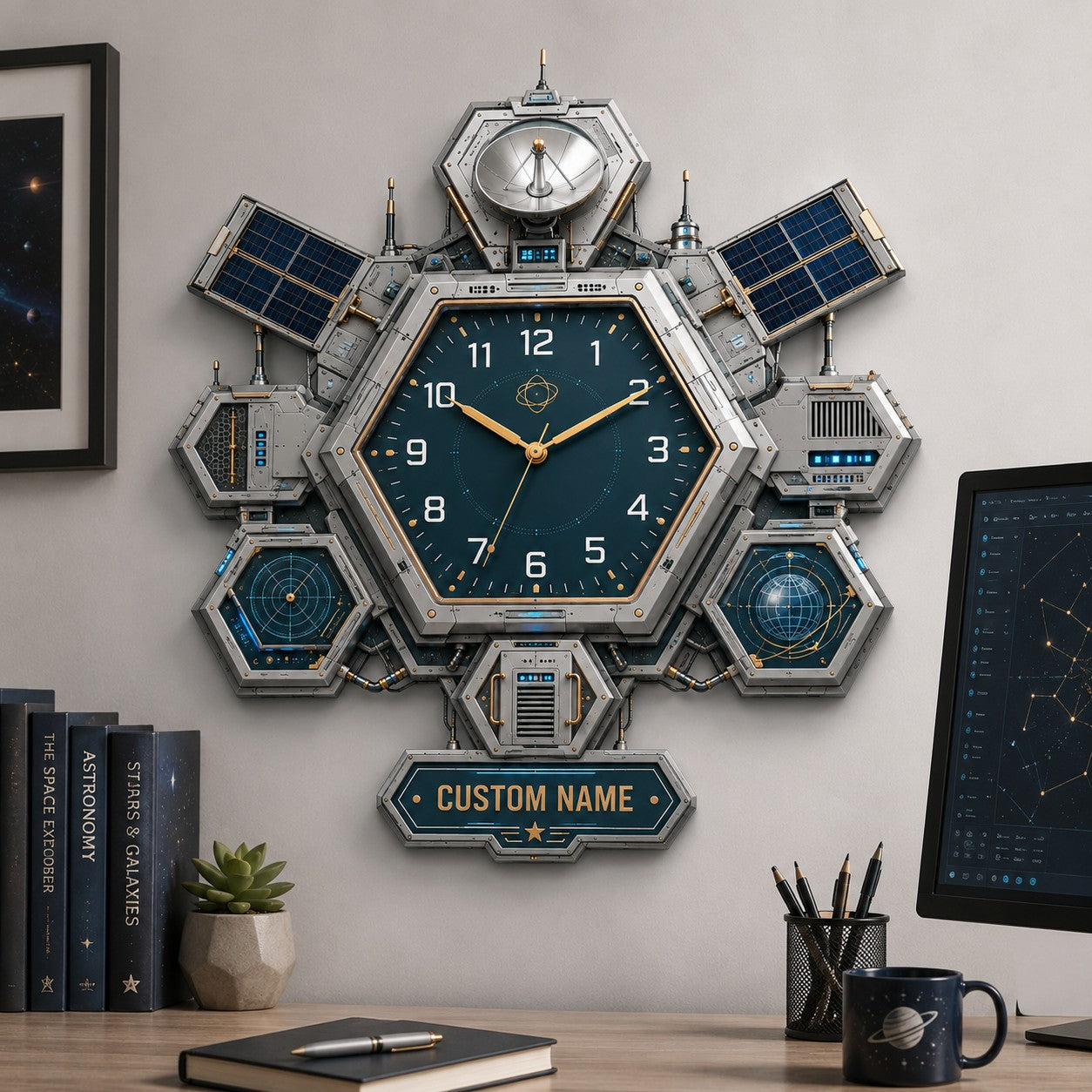 Hexagon satellite Custom Name Wall Clock — personalized with a custom name