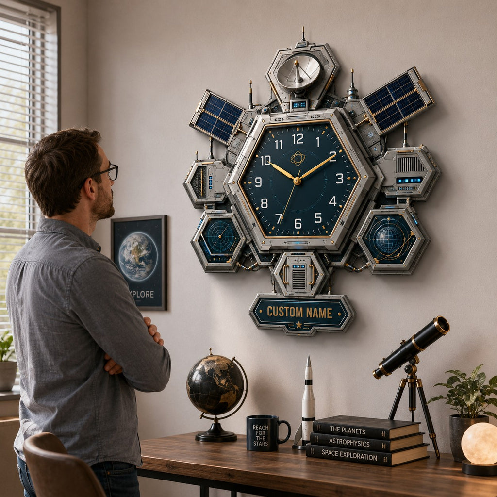 Hexagon satellite Custom Name Wall Clock — personalized with a custom name