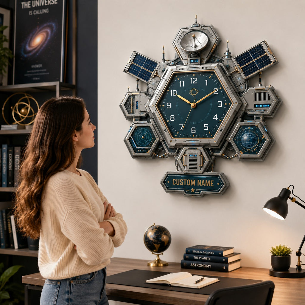 Hexagon satellite Custom Name Wall Clock — personalized with a custom name