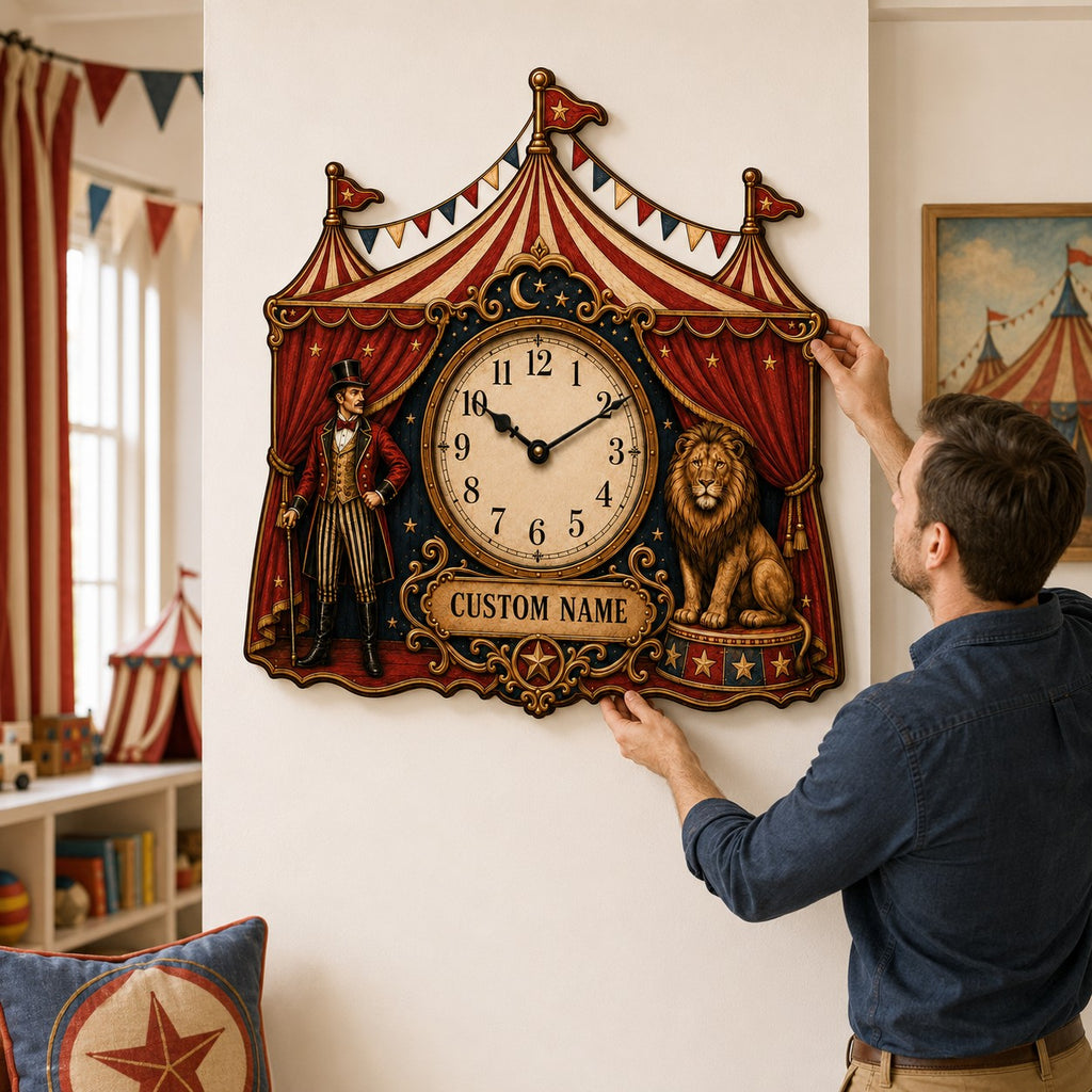 Circus tent Custom Name Wall Clock — personalized with a custom name