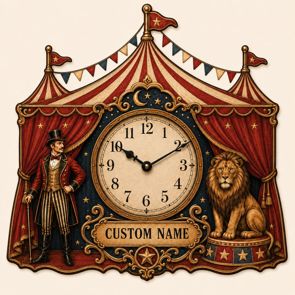 Circus tent Custom Name Wall Clock — personalized with a custom name