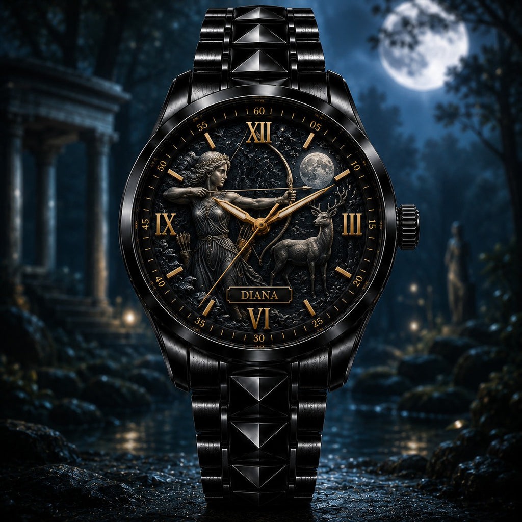 Personalized Goddess of the Hunt Watch with a custom name set into the design