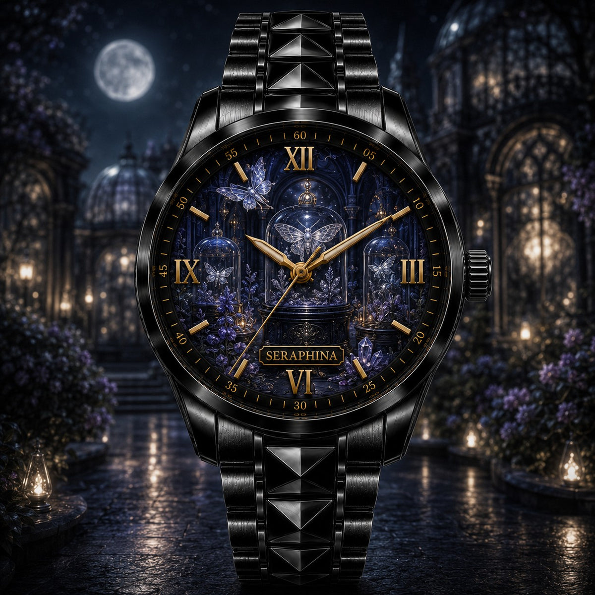 Custom Moonlit Butterfly Conservatory Watch — personalized with a custom name