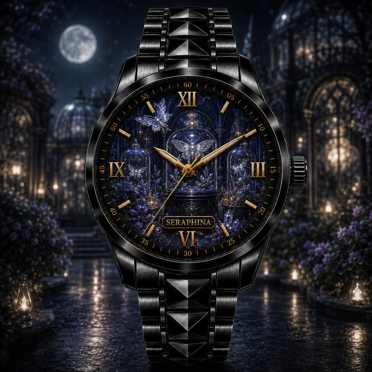 Custom Moonlit Butterfly Conservatory Watch — personalized with a custom name