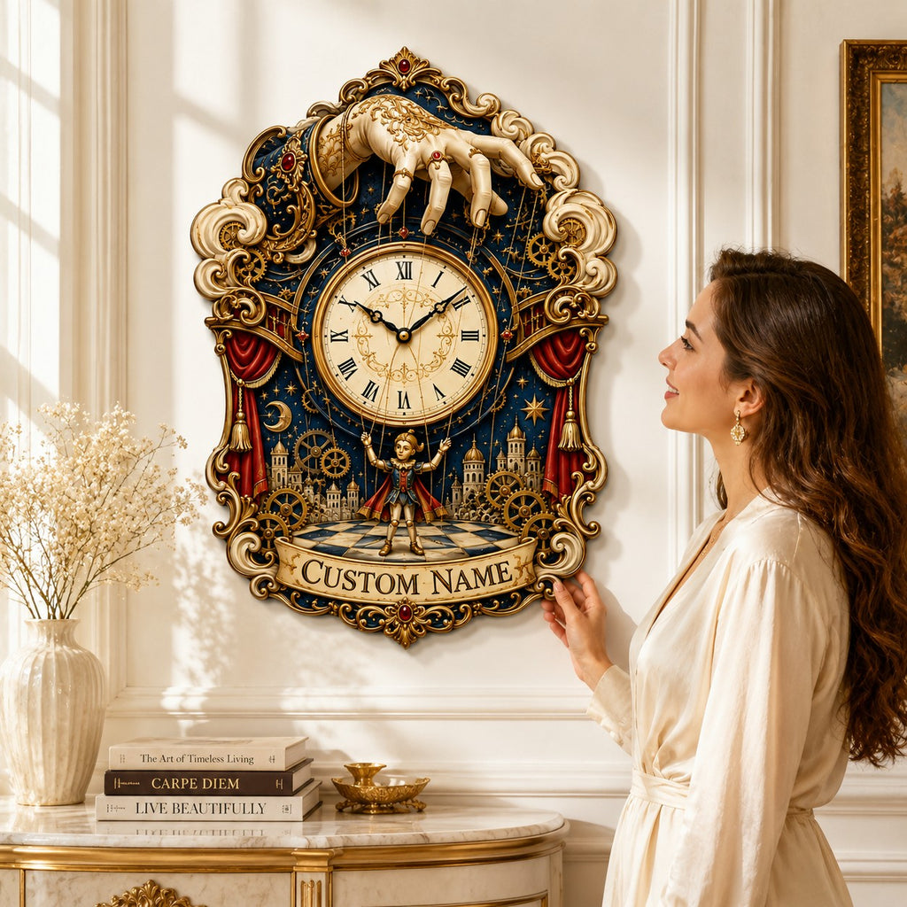 Personalized celestial puppet master wall clock — personalized with a custom name