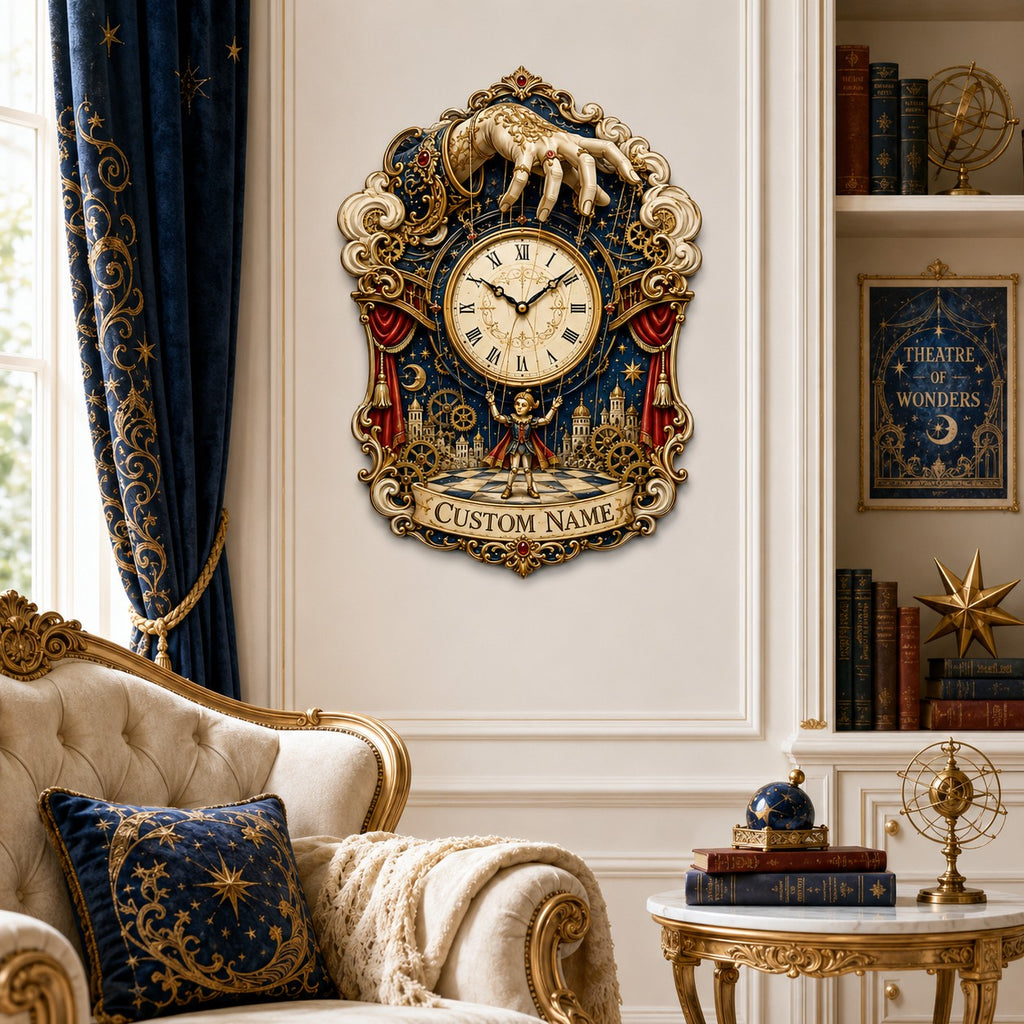 Personalized celestial puppet master wall clock — personalized with a custom name