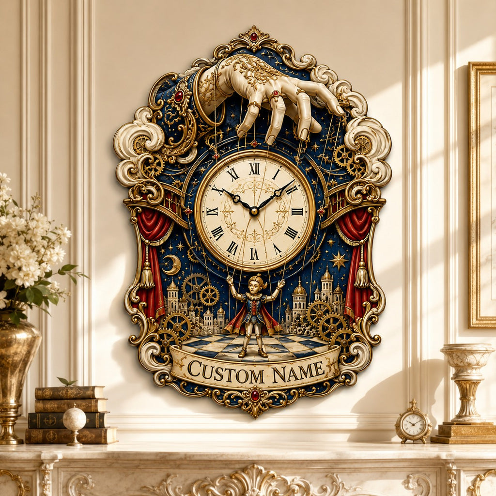 Personalized celestial puppet master wall clock — personalized with a custom name