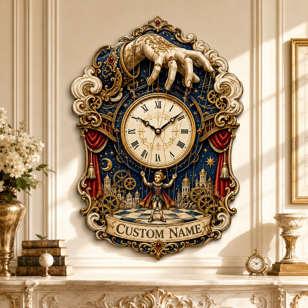 Personalized celestial puppet master wall clock — personalized with a custom name