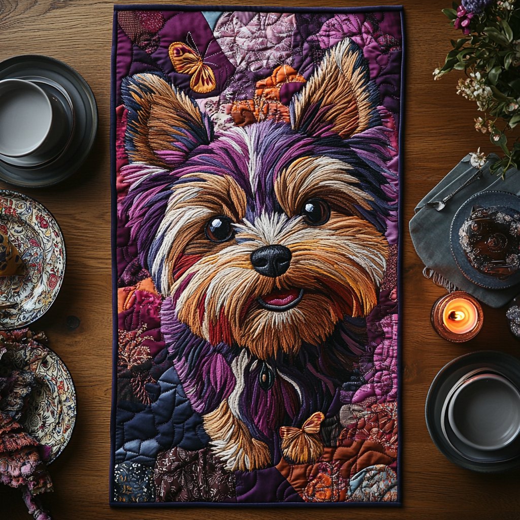 Terrier Portrait on Purple Table Runner