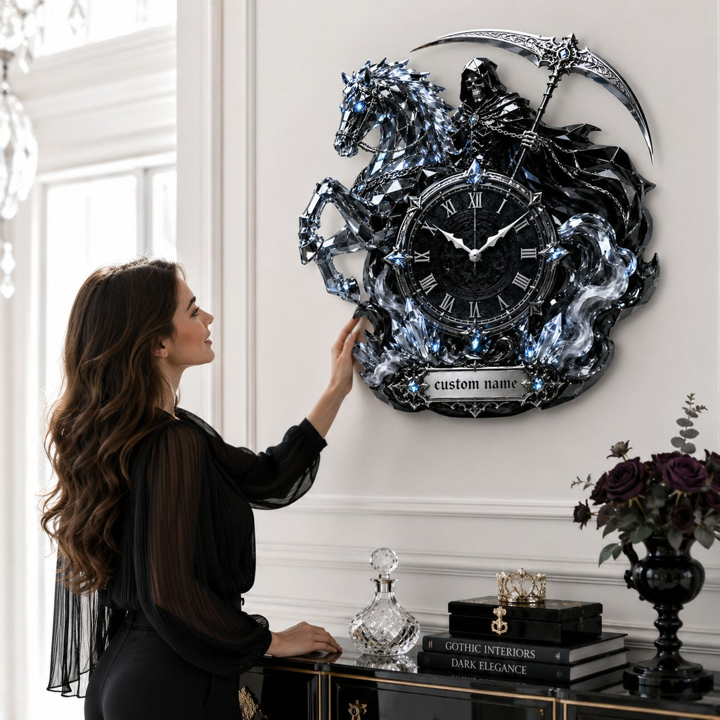 Personalized Grim Reaper and crystal horse wall clock — personalized with a custom name