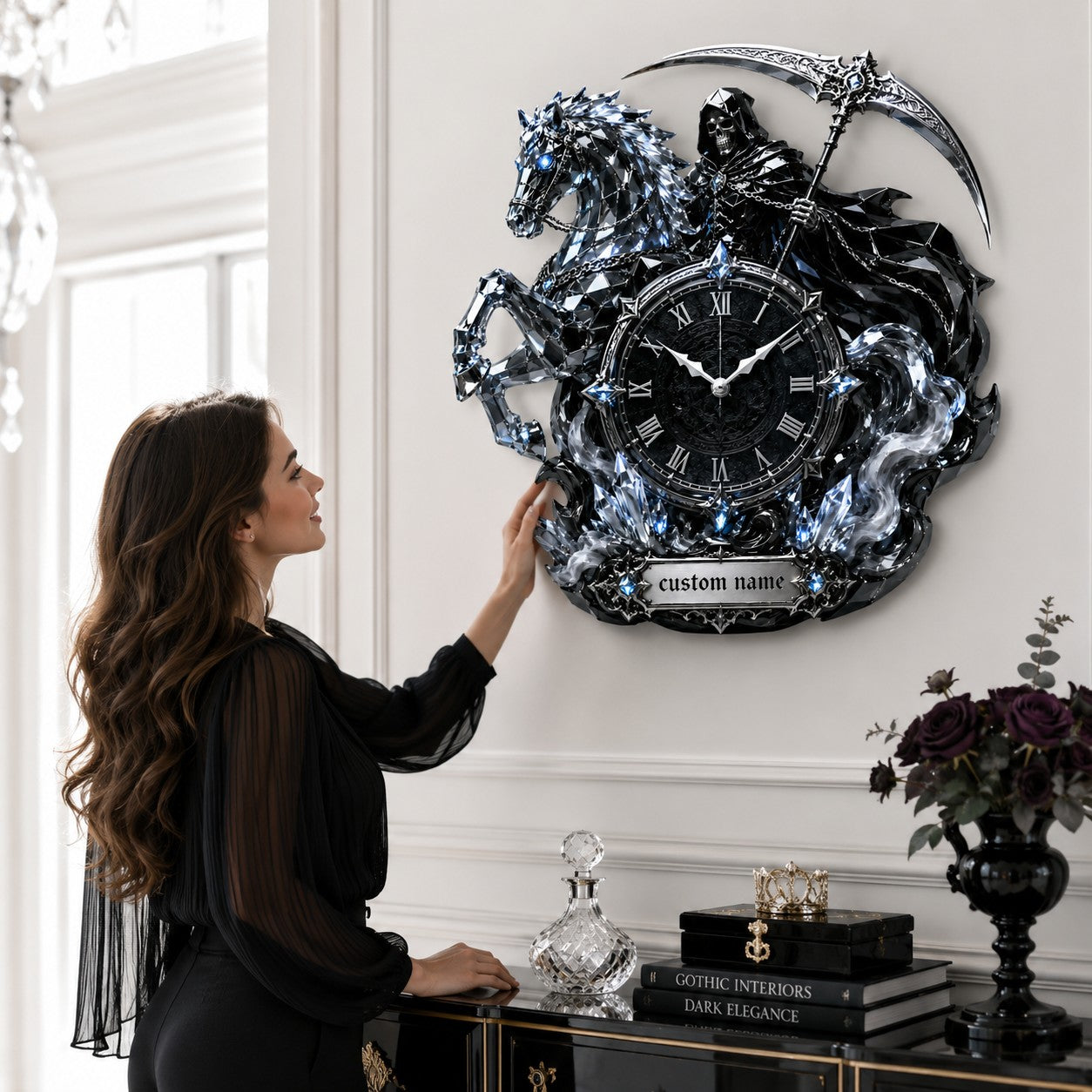 Personalized Grim Reaper and crystal horse wall clock — personalized with a custom name