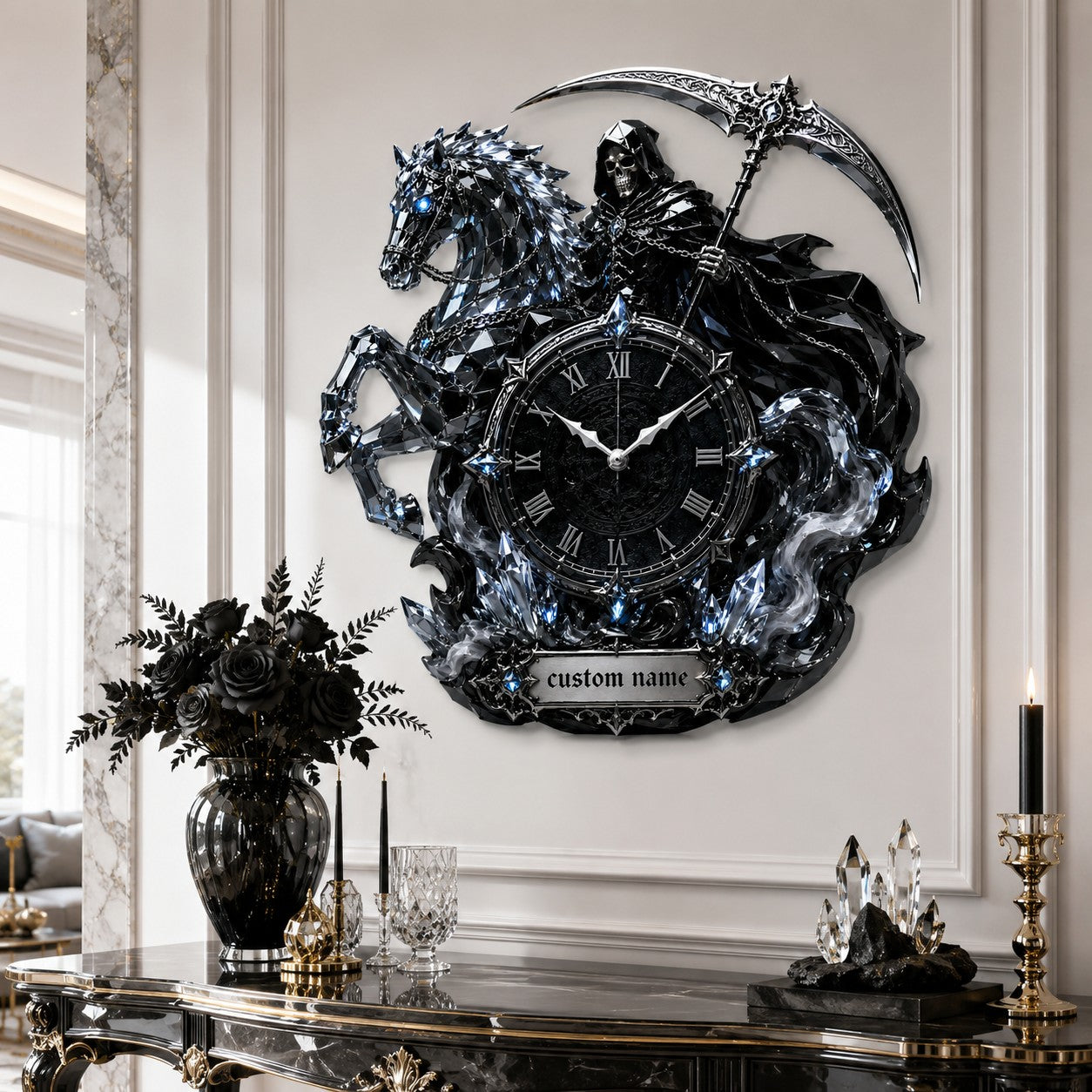 Personalized Grim Reaper and crystal horse wall clock — personalized with a custom name