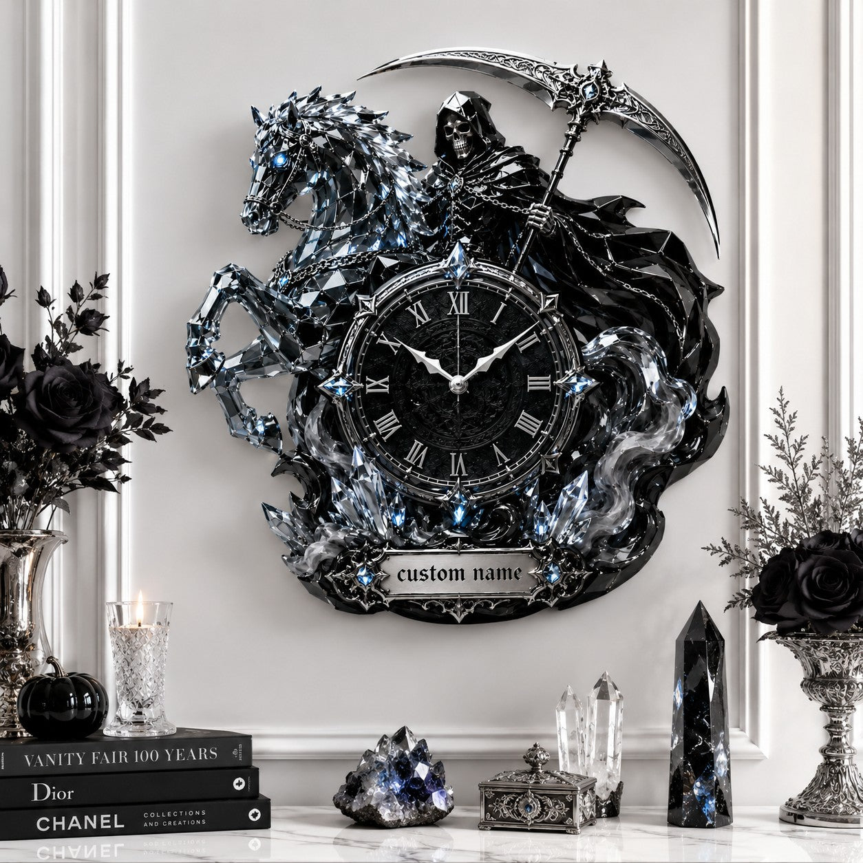 Personalized Grim Reaper and crystal horse wall clock — personalized with a custom name