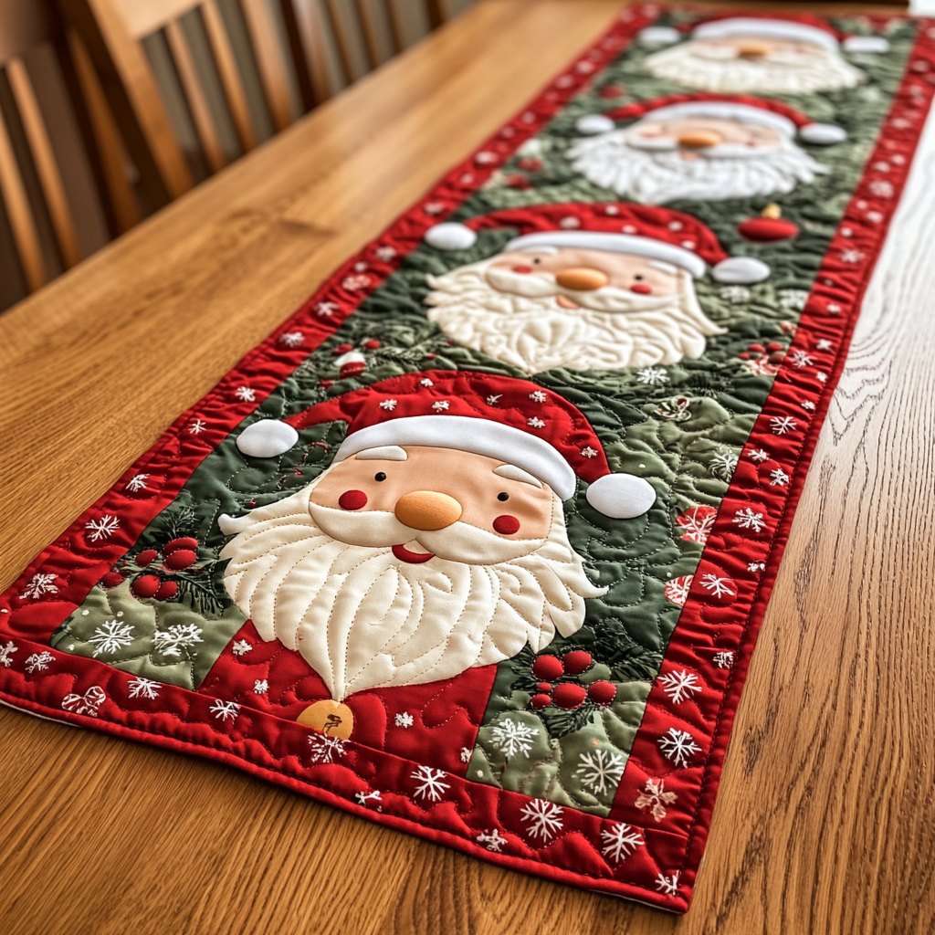 Santa Face on Green with Ornaments Table Runner