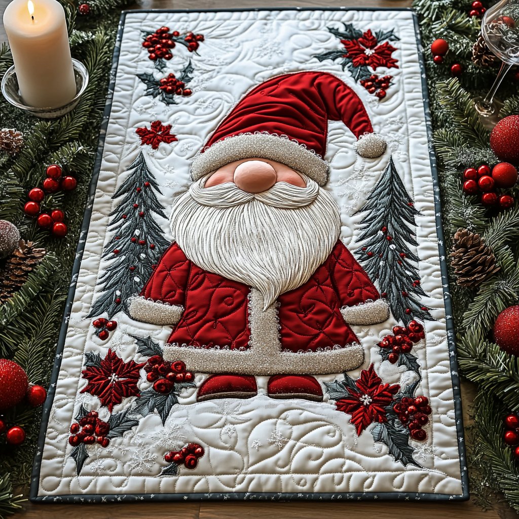 Santa with Trees and Poinsettias Table Runner