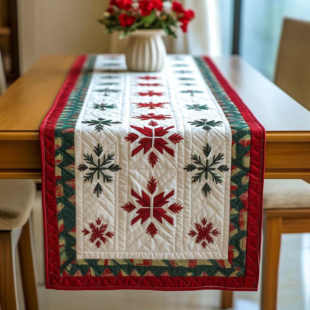 Snowflake Blocks in Red and Green Table Runner