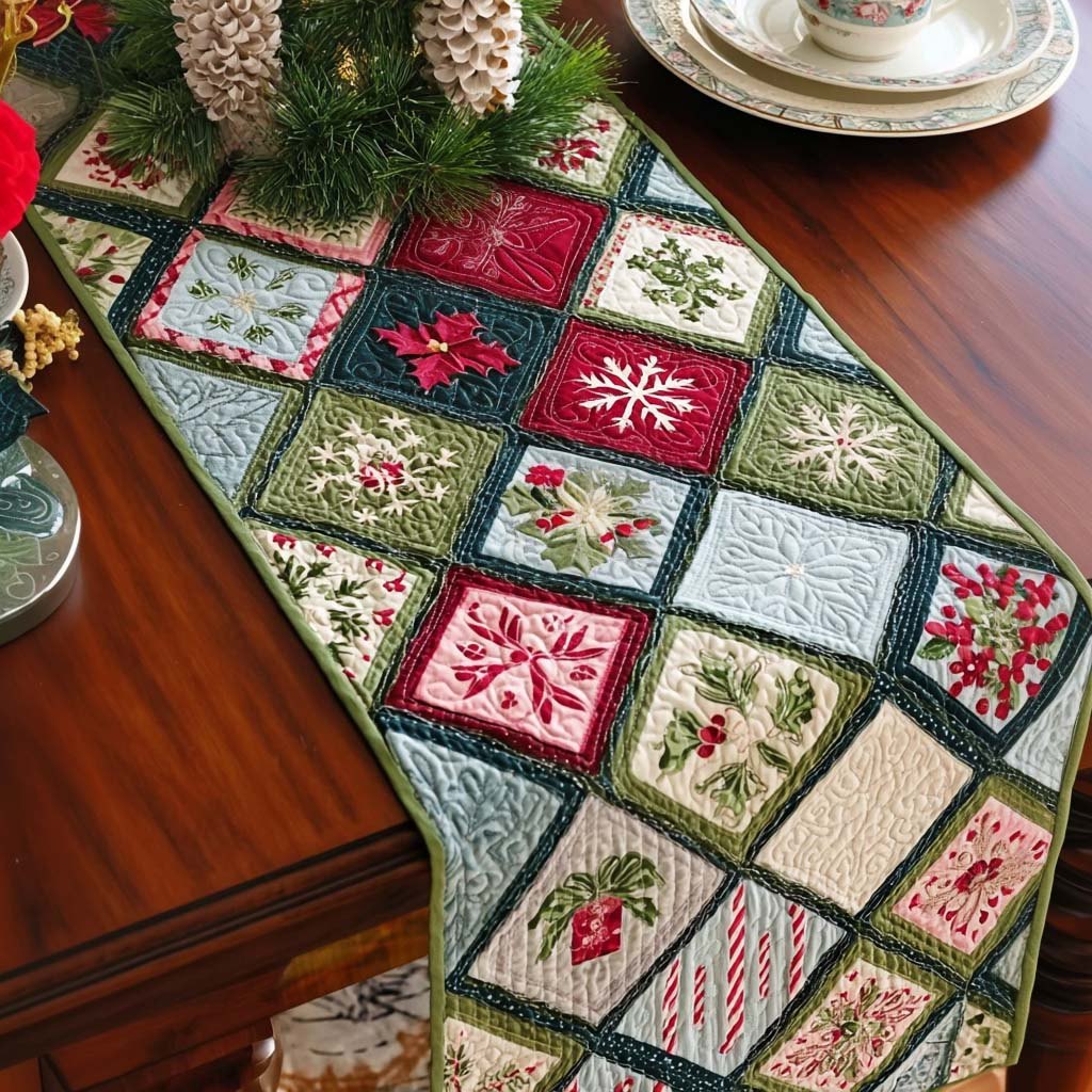 Christmas Blocks with Poinsettias Table Runner