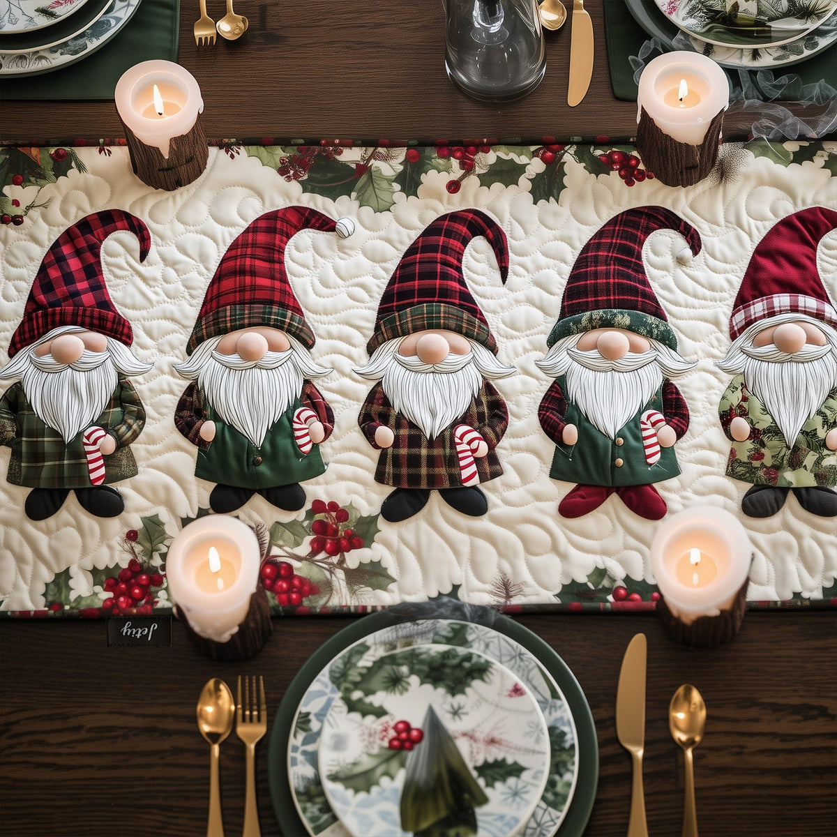 Row of Gnomes in Red Hats Table Runner