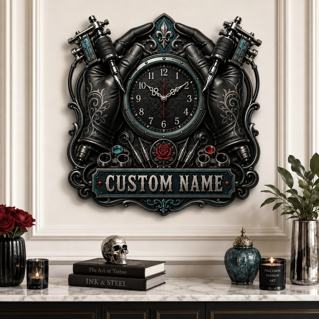 Personalized tattoo gloves wall clock — personalized with a custom name