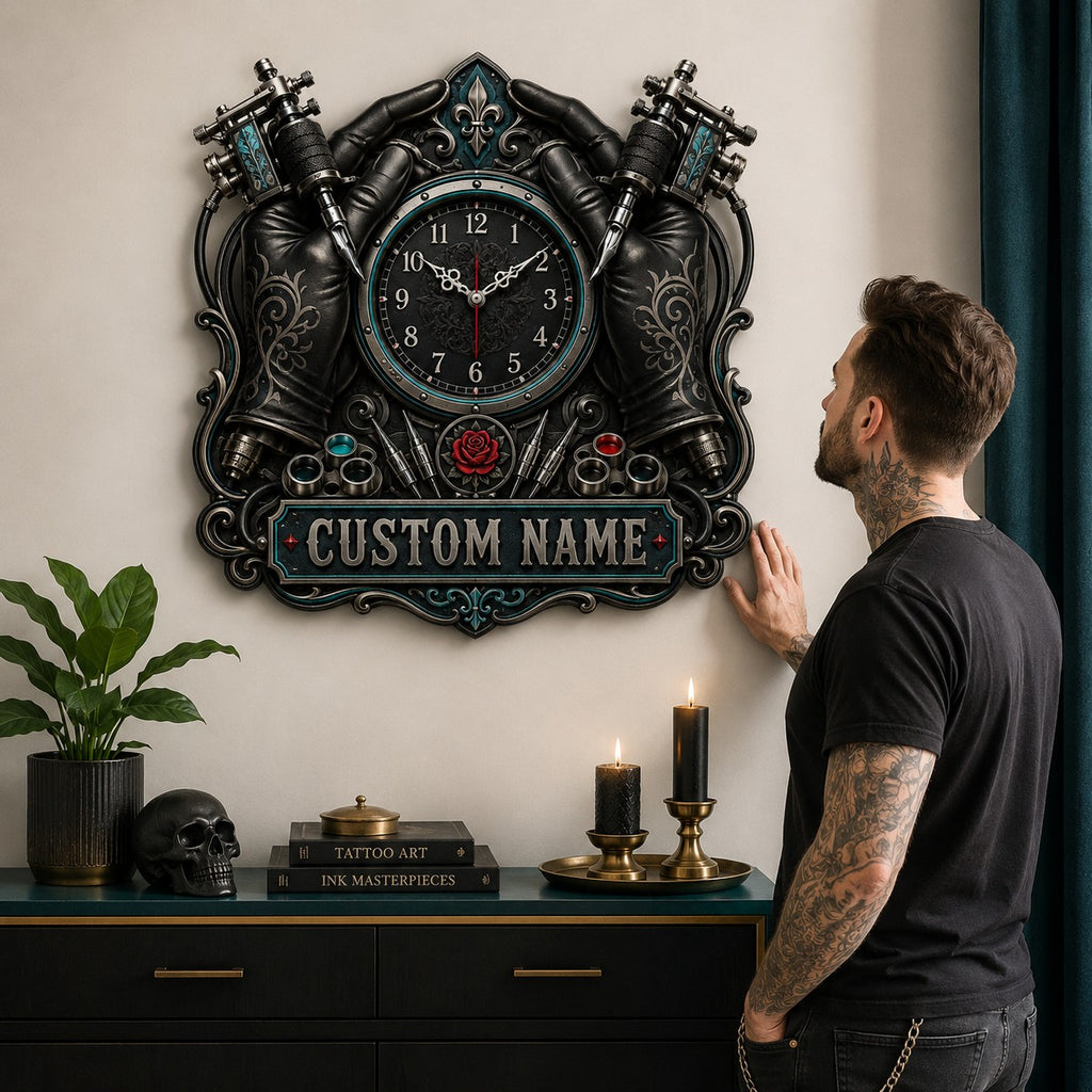 Personalized tattoo gloves wall clock — personalized with a custom name