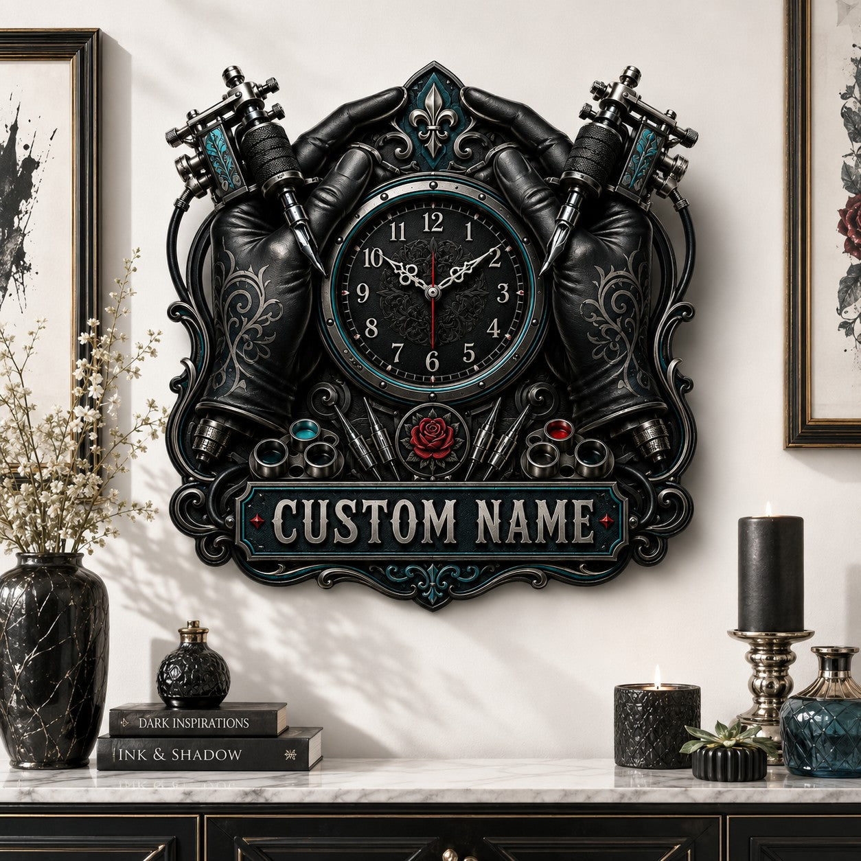 Personalized tattoo gloves wall clock — personalized with a custom name