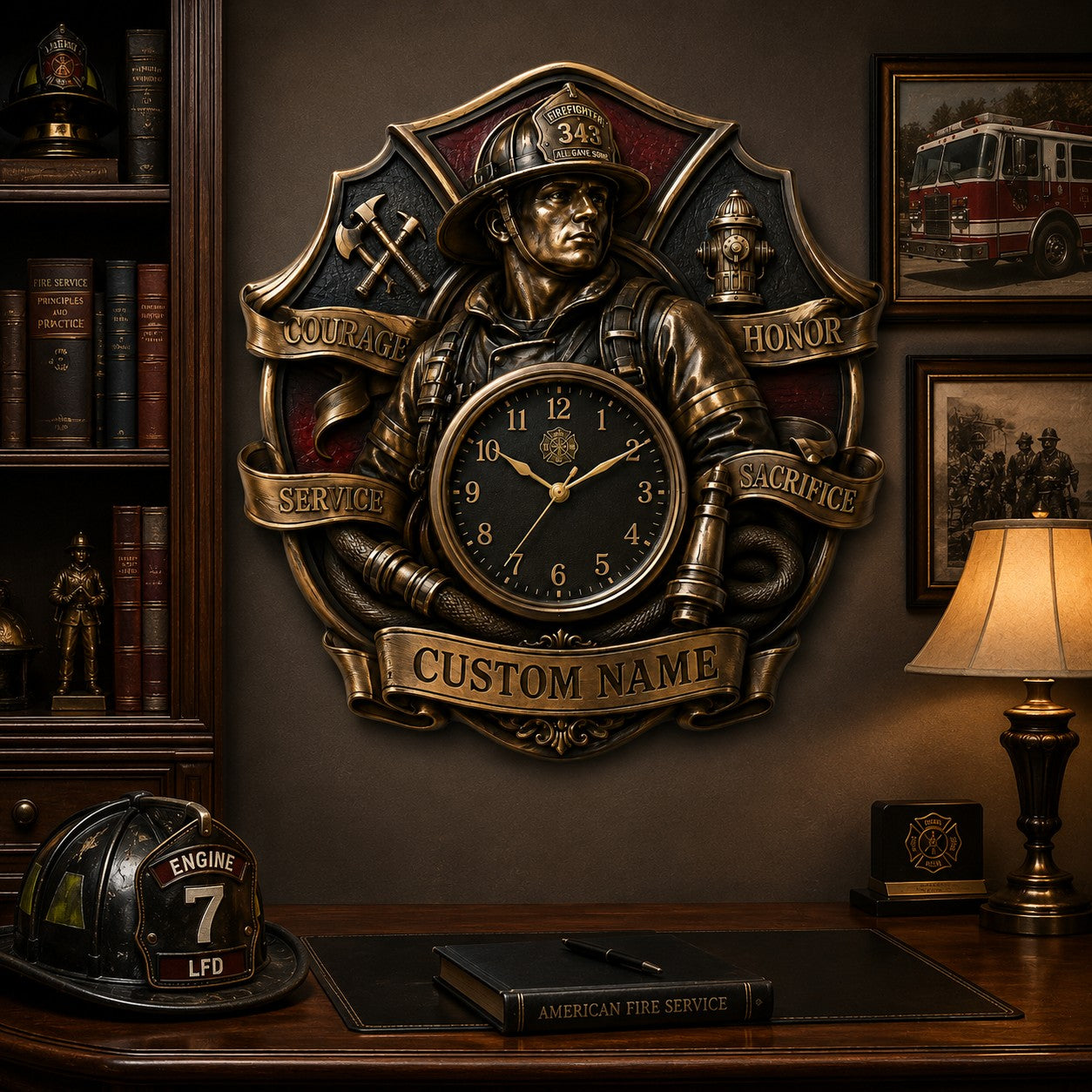 Firefighter recognition Custom Name Wall Clock — personalized with a custom name