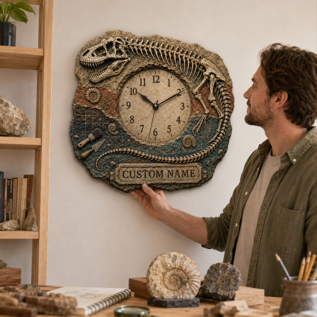 T Rex skeleton Custom Name Wall Clock — personalized with a custom name