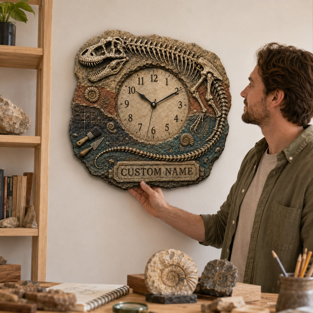 T Rex skeleton Custom Name Wall Clock — personalized with a custom name