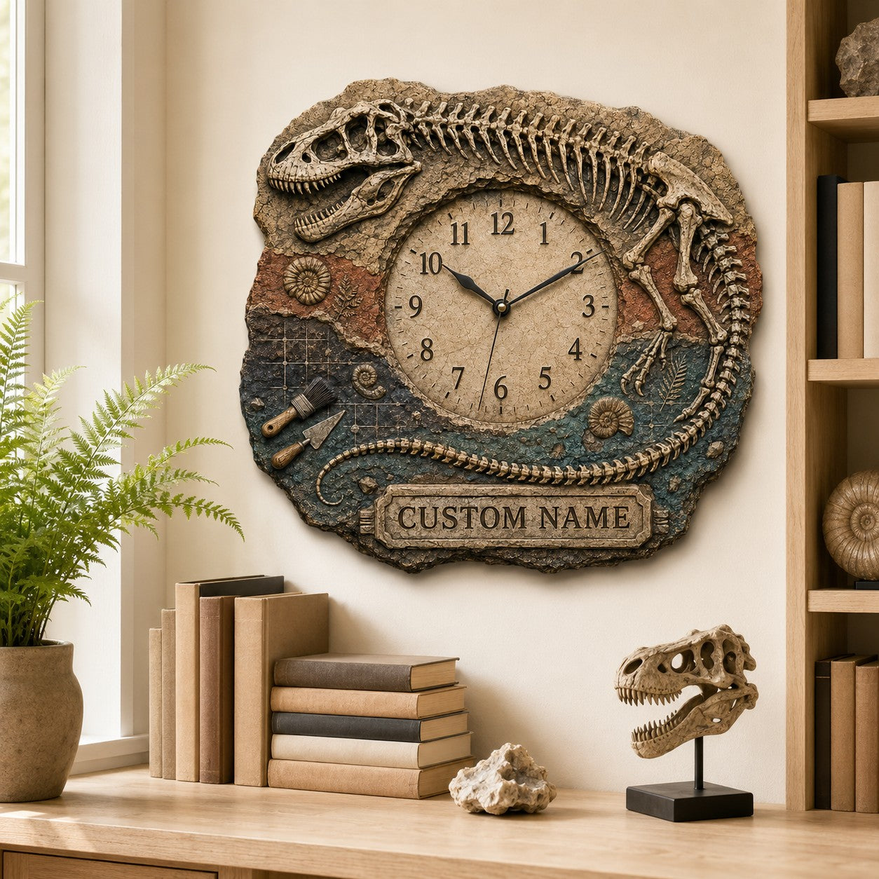 T Rex skeleton Custom Name Wall Clock — personalized with a custom name