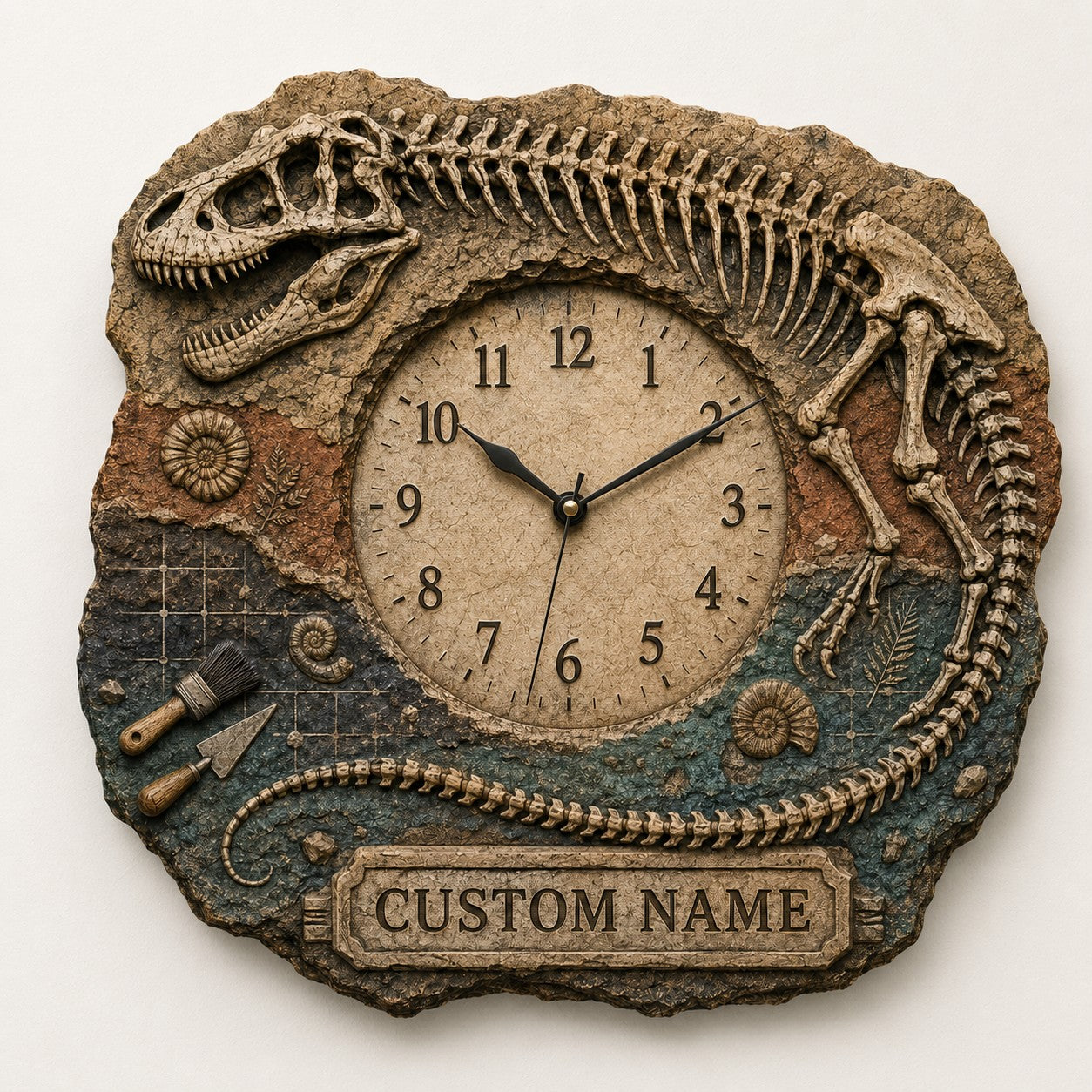T Rex skeleton Custom Name Wall Clock — personalized with a custom name